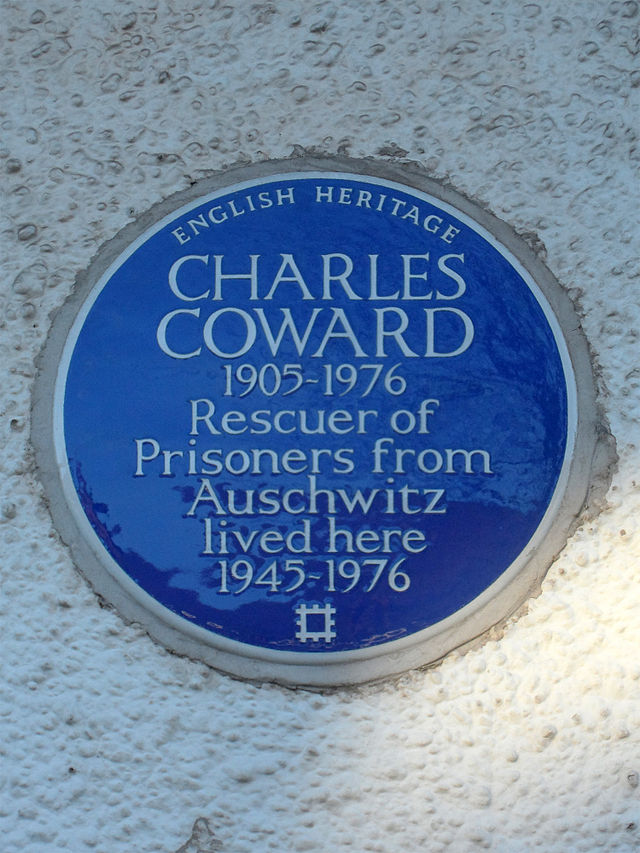 Charles Coward blue plaque - Charles Coward  1905 – 1976  Rescuer of  prisoners from  Auschwitz  lived here  1945 - 1976