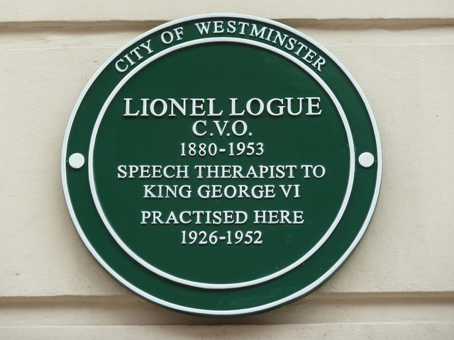 Lionel Logue green plaque - Lionel Logue CVO 1880-1953 speech therapist to King George VI practised here 1926-1952