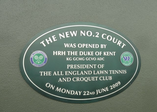 Edward blue plaque - The New No. 2 Court was opened by HRH the Duke of Kent KG GCMG GCVO ADC President of the All England Lawn Tennis and Croquet Club on Monday 22nd June 2009