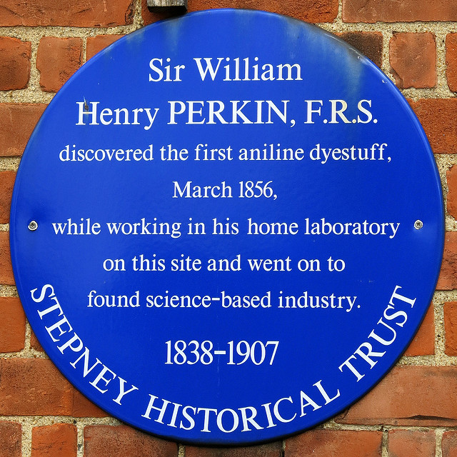William Henry Perkin blue plaque - Sir William Henry Perkin FRS discovered the first aniline dyestuff, March 1856, while working in his home laboratory on this site and went on to found science-based industry. 1838-1907