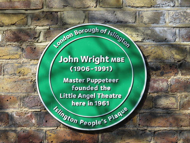 John Wright green plaque - John Wright MBE (1905-1991) master puppeteer founded the Little Angel Theatre here in 1961