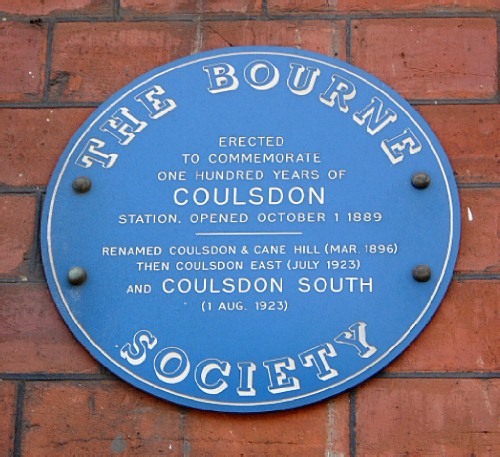 Blue plaque № 7578 - Erected to commemorate one hundred years of Coulsdon Station, opened October 1 1889 renamed Coulsdon & Cane Hill (Mar. 1896) then Coulsdon East (July 1923) and Coulsdon South (1 Aug. 1923)