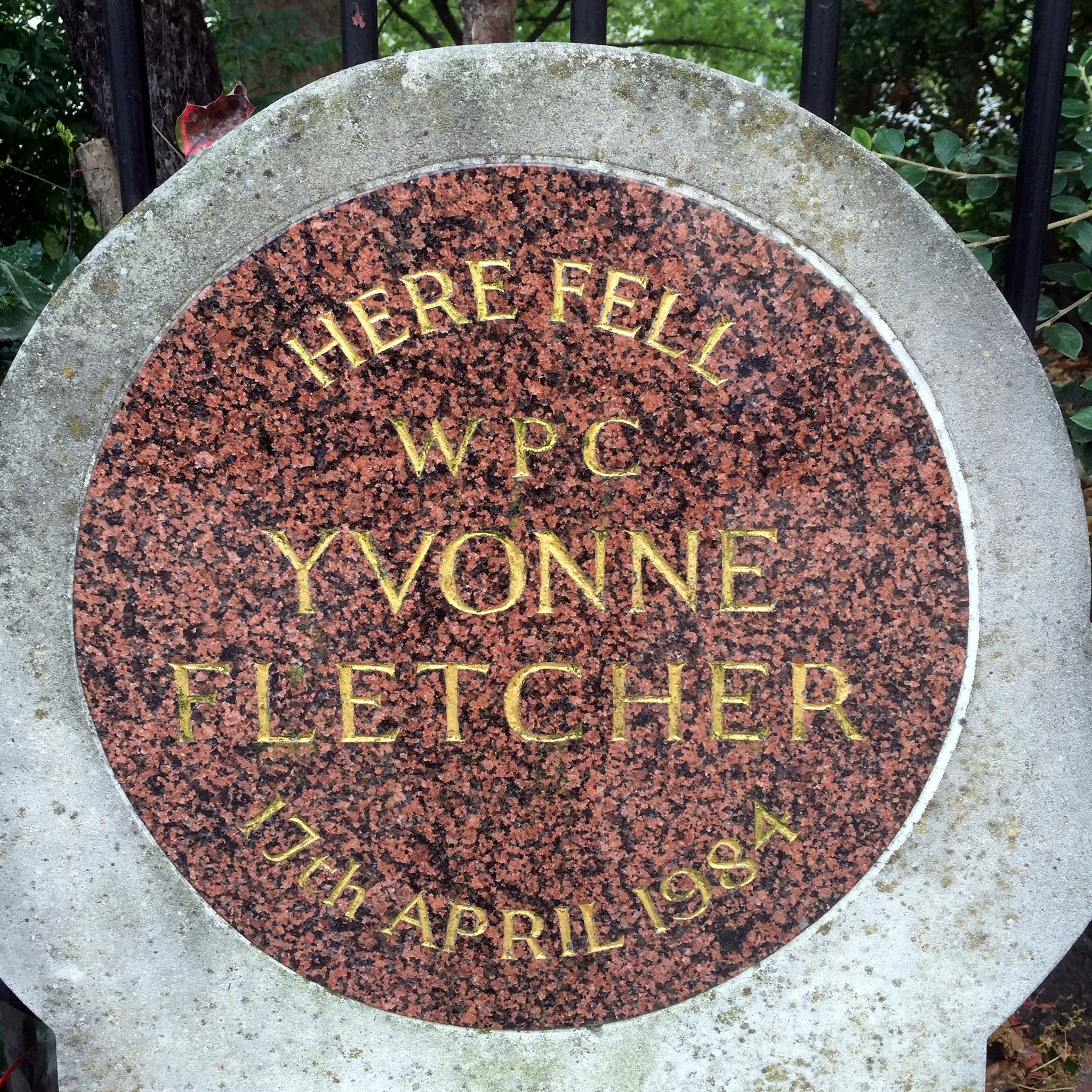 Yvonne Fletcher red plaque - Here fell WPC Yvonne Fletcher 17th April 1984