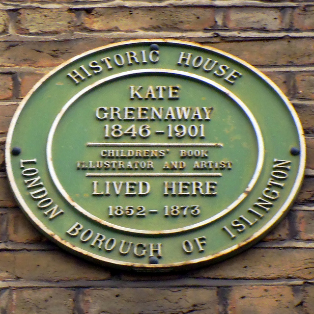 Kate Greenaway green plaque - Kate Greenaway 1846-1901 children's book illustrator and artist lived here 1852 - 1873