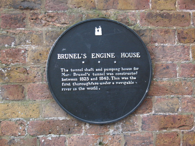 Marc Isambard Brunel and Brunel's Engine House black plaque - Brunel's Engine House The tunnel shaft and pumping house for Marc Brunel's tunnel was constructed between 1825 and 1843. This was the first thoroughfare under a navigable river in the world.