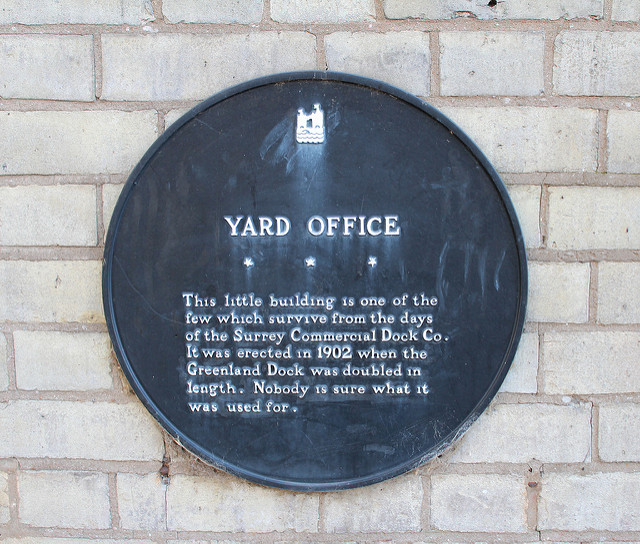 Black plaque № 9211 - Yard Office. This little building is one of the few which survive from the days of the Surrey Commercial Dock Co. It was erected in 1902 when the Greenland Dock was doubled in length. Nobody is sure what it was used for.