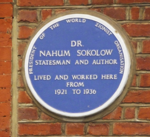 Nahum Sokolow blue plaque - President of the World Zionist Organisation Dr Nahum Sokolow Statesman and Author Lived and Worked here from 1921 to 1936