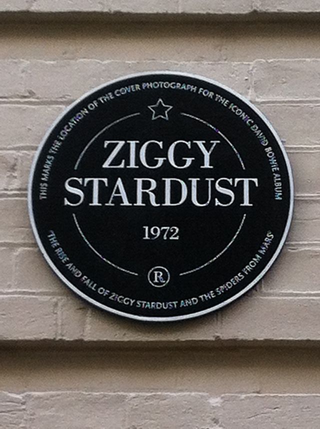 David Bowie black plaque - This marks the location of the cover photograph for the iconic David Bowie album 'The Rise and Fall of Ziggy Stardust and the Spiders From Mars'. Ziggy Stardust 1972