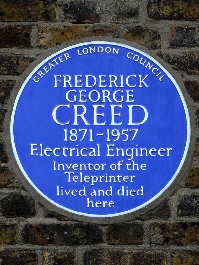 Frederick George Creed blue plaque - Frederick George Creed 1871-1957 electrical engineer, inventor of the teleprinter lived and died here