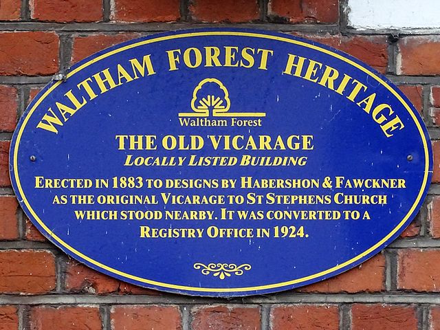 Old Vicarage, Walthamstowe, William Gilbee Habershon, and James Follet Fawckner blue plaque - The Old Vicarage. Locally Listed building. Erected in 1883 to designs by Habershon & Fawckner as the original Vicarage to St Stephen’s Church which stood nearby. It was converted to a Registry Office in 1924