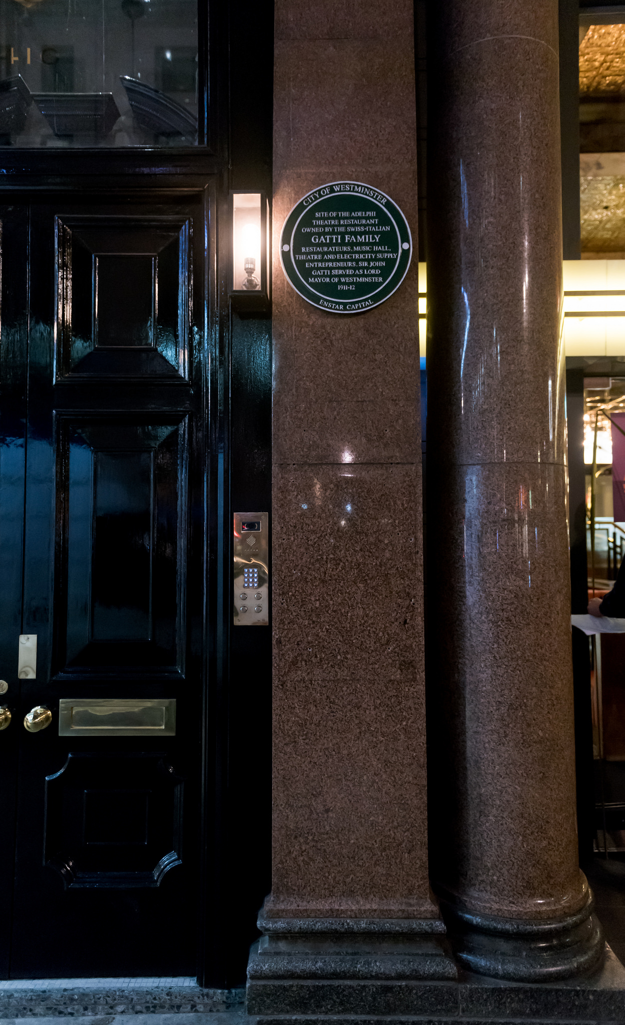 John Maria Gatti , Adelphi Theatre Restaurant, London, Agostino Gatti, and Rocco Joseph Stefano Gatt - Site of the Adelphi Theatre Restaurant owned by the Swiss-Italian Gatti family, restaurateurs, music hall, theatre and electricity supply entrepreneurs.  Sir John Gatti served as Lord Mayor of Westminster, 1911-12