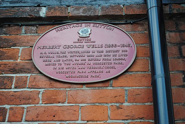 H. G. Wells red plaque - Herbert George Wells (1866-1946) H. G. Wells, the writer, lived in this district for several years. Between 1893 and 1894 he lived here and later, on his return from London, moved to 'The Avenue' in Worcester Park. In his novel 'Ann Veronica' (1909), Worcester Park appears as 'Morningside Park'.