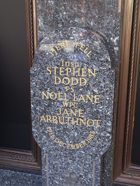 Jane Arbuthnot, Stephen Dodd, Noel Lane, and The Harrods Bombing marble plaque - Here fell Insp Stephen Dodd PS Noel Lane WPC Jane Arbuthnot 17th December 1983