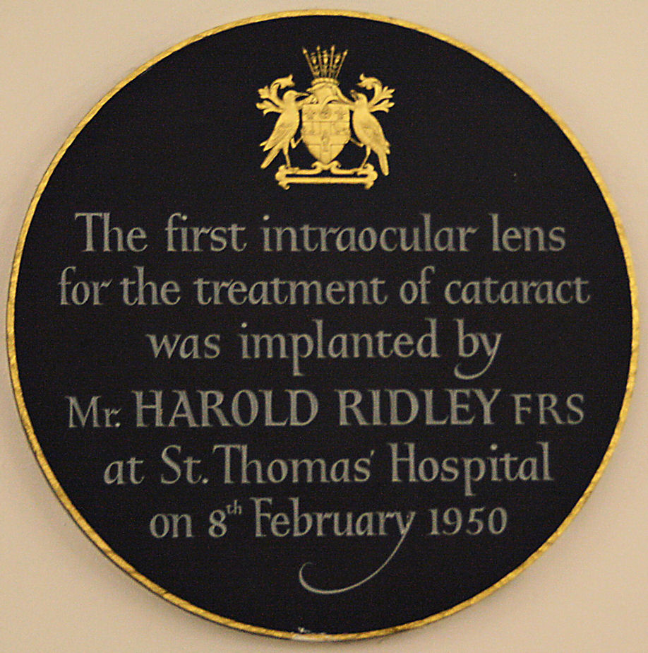Harold Ridley and intraocular lens black plaque - The first intraocular lens for the treatment of cataract was implanted by Mr. Harold Ridley FRS at St. Thomas' Hospital on 8th February 1950