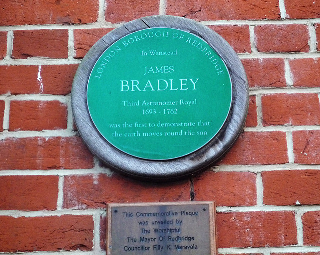 James Bradley green plaque - In Wanstead James Bradley Third Astronomer Royal 1693-1762  was the first to demonstrate that the earth moves round the sun