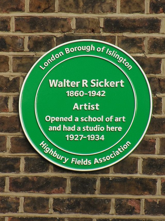 Walter Sickert green plaque - W. R. Sickert  1860-1942  had his school of painting  & engraving here 1927-34