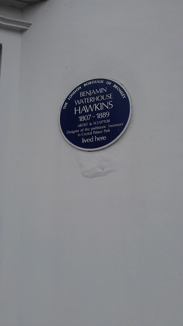 Benjamin Waterhouse Hawkins black plaque - Benjamin Waterhouse Hawkins 1807-1889 artist and solicitor, designer of the prehistoric 'monsters' in Crystal Palace Park lived here