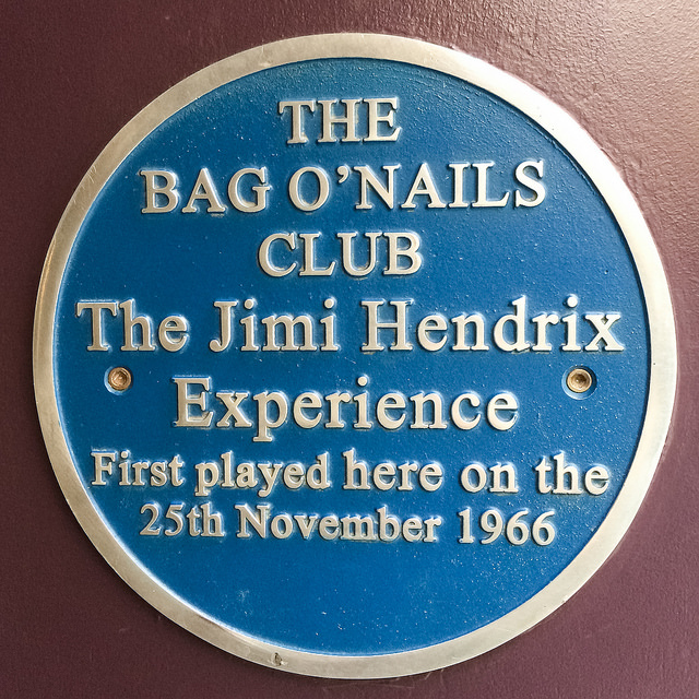 Jimi Hendrix, The Jimi Hendrix Experience, Mitch Mitchell, and Noel Redding blue plaque - The Bag O'Nails Club  The Jimi Hendrix Experience  first played here on the 25th November 1966  