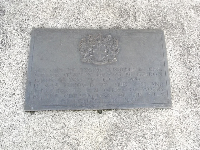William IV bronze plaque - This statue stood formerly in King William Street in  the City of London where it was set up in 1845.  It was removed to this site and presented to H M Office of Works  by the Corporation of the City of London in 1936