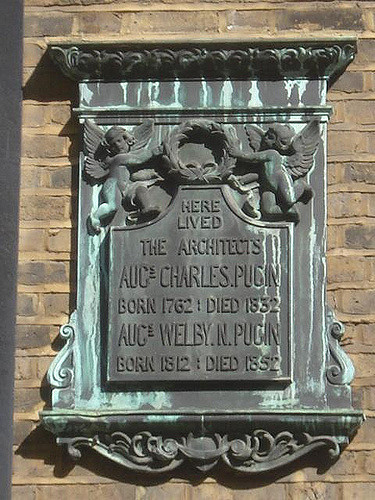 Augustus Charles Pugin and Augustus Pugin stone plaque - Here lived the architects Augustus Charles Pugin born 1762 died 1832 Augustus Welby N. Pugin born 1812 died 1852