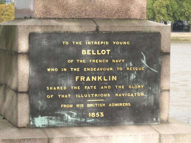 Joseph René Bellot and John Franklin black plaque - To the intrepid young Bellot  of the French Navy  who in the endeavour to rescue  Franklin  shared the fate and the glory  of that illustrious navigator    From his British admirers    1853