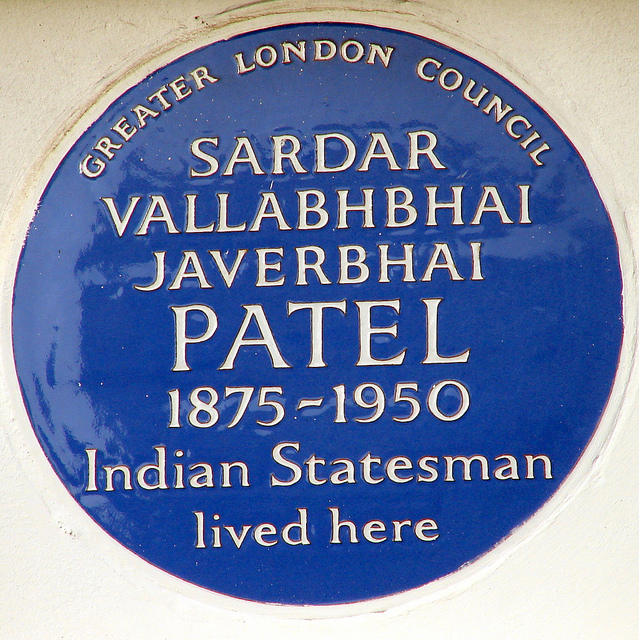 Vallabhbhai Patel blue plaque - Sardar Vallabhbhai Javerbhai Patel 1875-1950 Indian statesman lived here