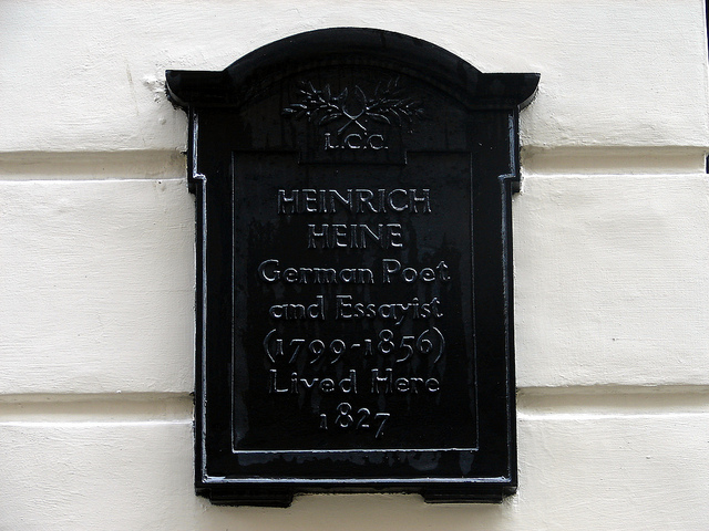 Heinrich Heine black plaque - Heinrich Heine German poet and essayist (1799-1856) lived here 1827