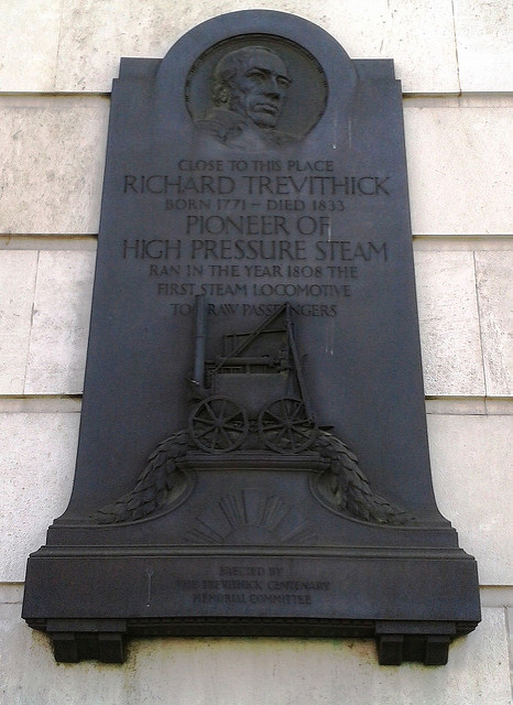 Richard Trevithick stone plaque - Close to this place Richard Trevithick, born 1771-died 1833, pioneer of high pressure steam, ran in the year 1808 the first steam locomotive to draw passengers. 