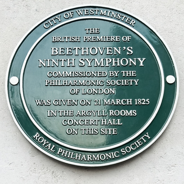 Green plaque № 13118 - The British premier of Beethoven's Ninth Symphony commissioned by the Philharmonic Society of London was given on 21 March 1825 in the Argyll Rooms Concert Hall on this site