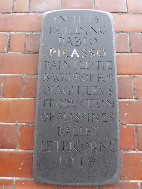 Pablo Picasso slate plaque - In this building Pablo Picasso painted the backdrop for Diaghilevs production of Massine's ballet Le Tricorne 1919