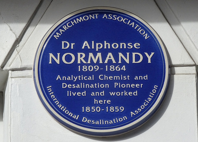 Alphonse Normandy blue plaque - Dr Alphonse Normandy (1809-1864) Analytical Chemist and Desalination Pioneer lived and worked here 1850-1859.