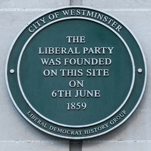Liberal Party green plaque - The Liberal Party was founded on this site on 6th June 1859
