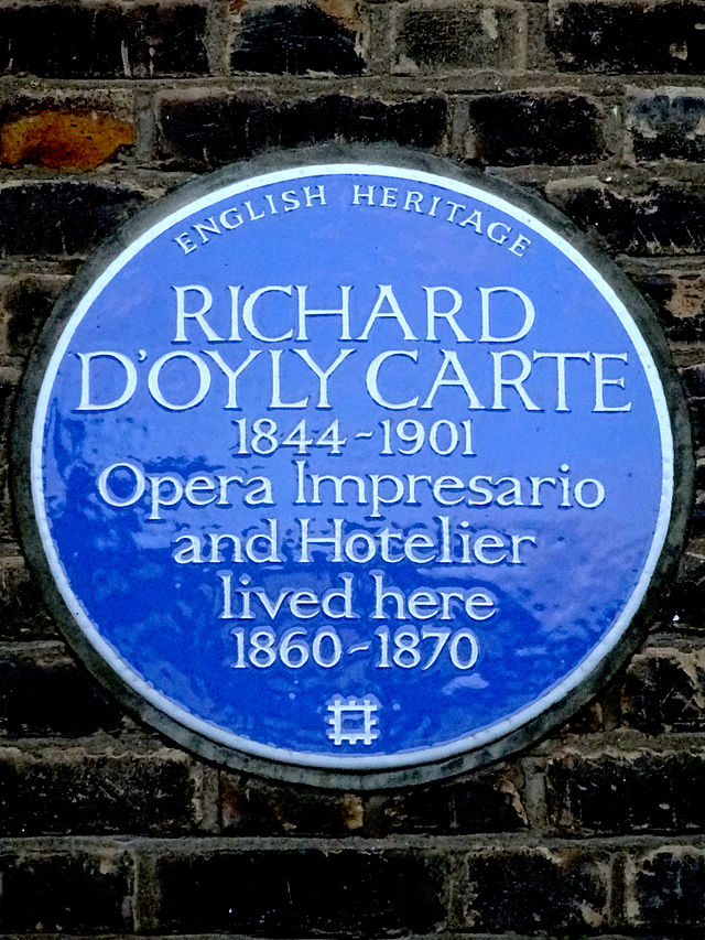 Richard D'Oyly Carte blue plaque - Richard D'Oyly Carte 1844-1901 Opera Impresario and Hotelier lived here 1860-1870
