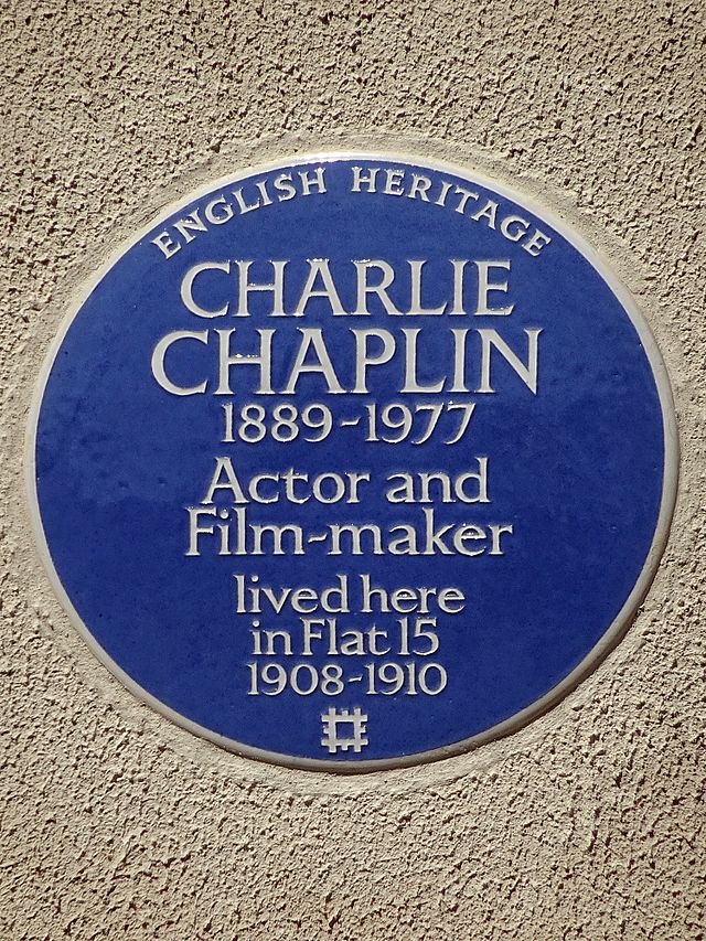 Charlie Chaplin blue plaque - Charlie Chaplin 1889-1977 Actor and Film-maker lived here in Flat 15 1908-1910
