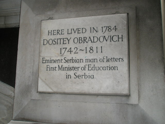 Dositey Obradovich white plaque - Here lived in 1784 Dositey Obradovich 1742-1811 Eminent Serbian man of letters first Minister of Education in Serbia