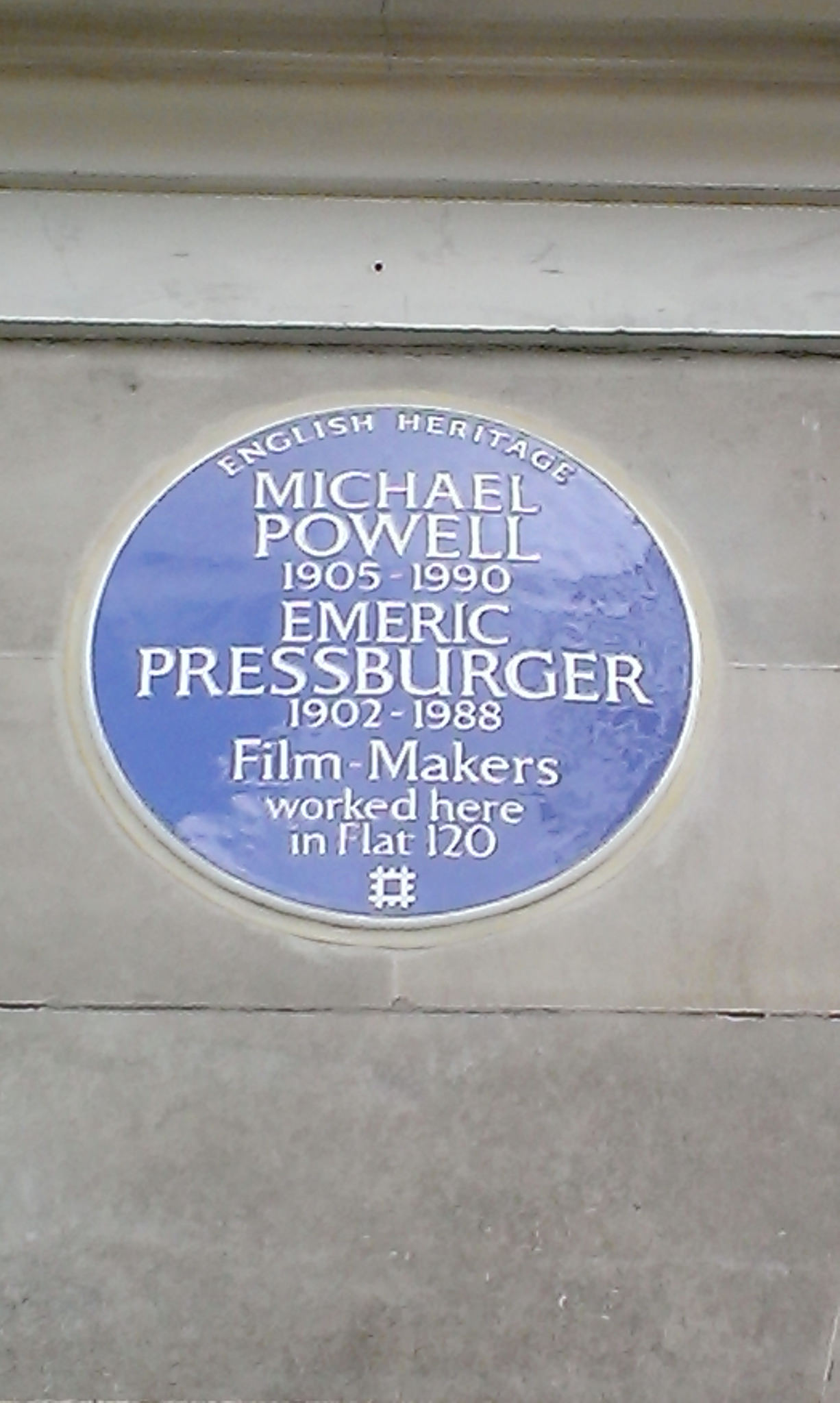 Michael Powell and Emeric Pressburger blue plaque - Michael Powell 1905-1990 Emeric Pressburger 1902-1988 film-makers worked here in flat 120