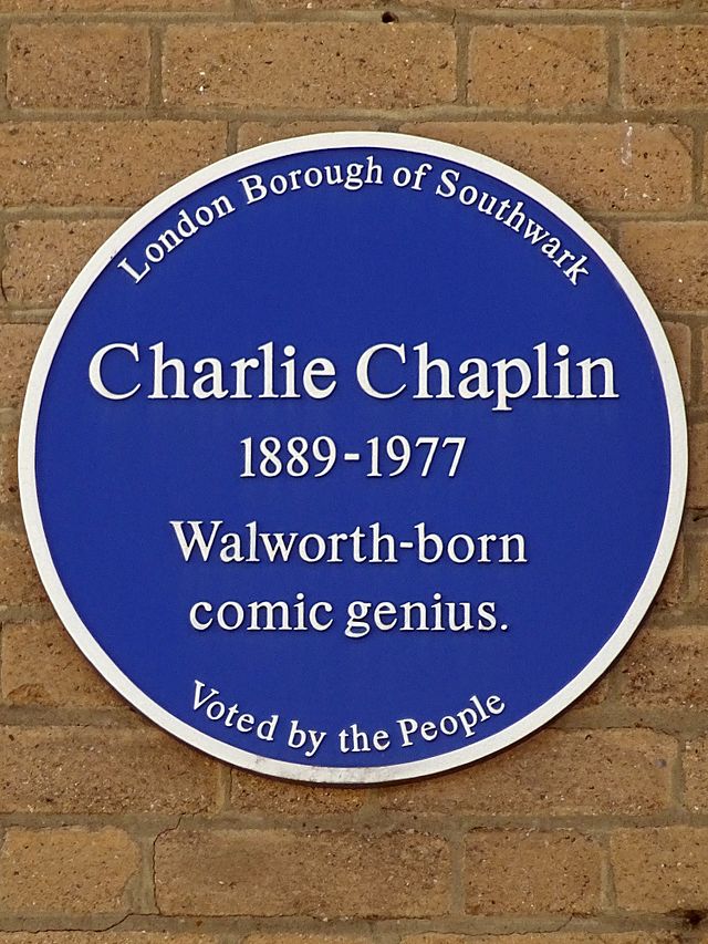Charlie Chaplin blue plaque - Charlie Chaplin    1889 to 1977    Walworth-born comic genius             