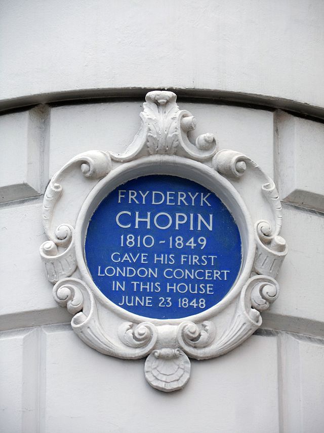 Frédéric Chopin blue plaque - Fryderyk Chopin 1810-1849 gave his first London concert in this house June 23 1848