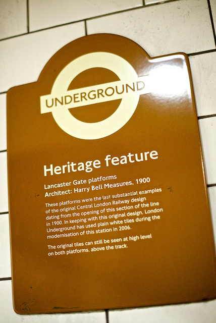 Harry Bell Measures and Lancaster Gate brown plaque - Lancaster Gate platforms  Architect Harry Bell Measures , 1900  These platforms were the last substantial examples of the original Central London Railway design dating from the opening of this section of the line in 1900.   In keeping with this original design, London Underground has used plain white tiles during the modernisation of this station in 2006.  The original tiles can still be seen at high level on both platforms, above the track.