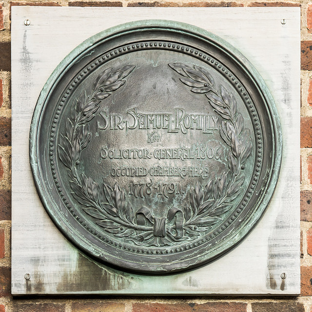 Samuel Romilly black plaque - Sir Samuel Romilly Knt, Solicitor-General 1806 occupied chambers here 1778-1791