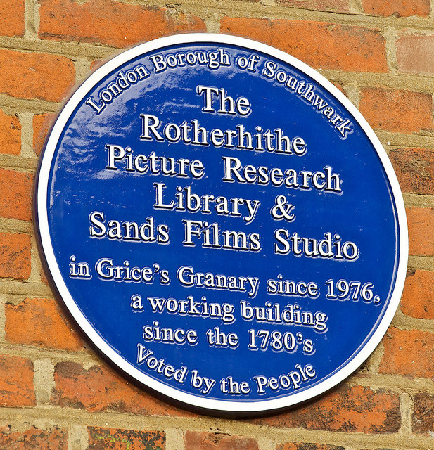 Rotherhithe Picture Research Library, Sands Films Studio, and Grice's Granary blue plaque - Rotherhithe Picture Research Library and Sands Films Studio in Grice's Granary since 1976 a working building since the 1780's