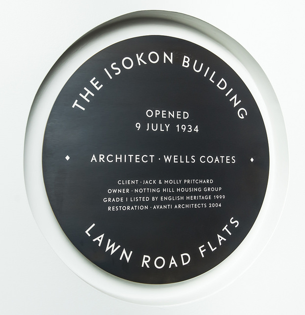 John Craven Pritchard, Molly Pritchard, Wells Coates, and Isokon Building black plaque - The Isokon Building  Opened 9 July 1934  Architect - Wells Coates  Client Jack and Molly Pritchard  Owner - Notting Hill Housing Group  Grade 1 listed by English Heritage 1974  Restoration - Avanti architects 2004  Lawn Road Flats