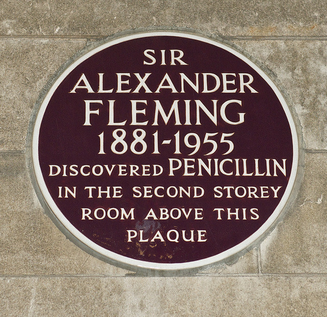 Alexander Fleming maroon plaque - Sir Alexander Fleming 1881-1955 discovered penicillin in the second storey room above this plaque