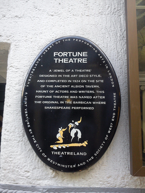 Black plaque № 31584 - Fortune Theatre. A 'jewel of a theatre' designed in the art deco style, and completed in 1924 on the site of the ancient Albion Theatre, haunts of actors and writers. This Fortune Theatre was named after the original in the Barbican where Shakespeare performed. 