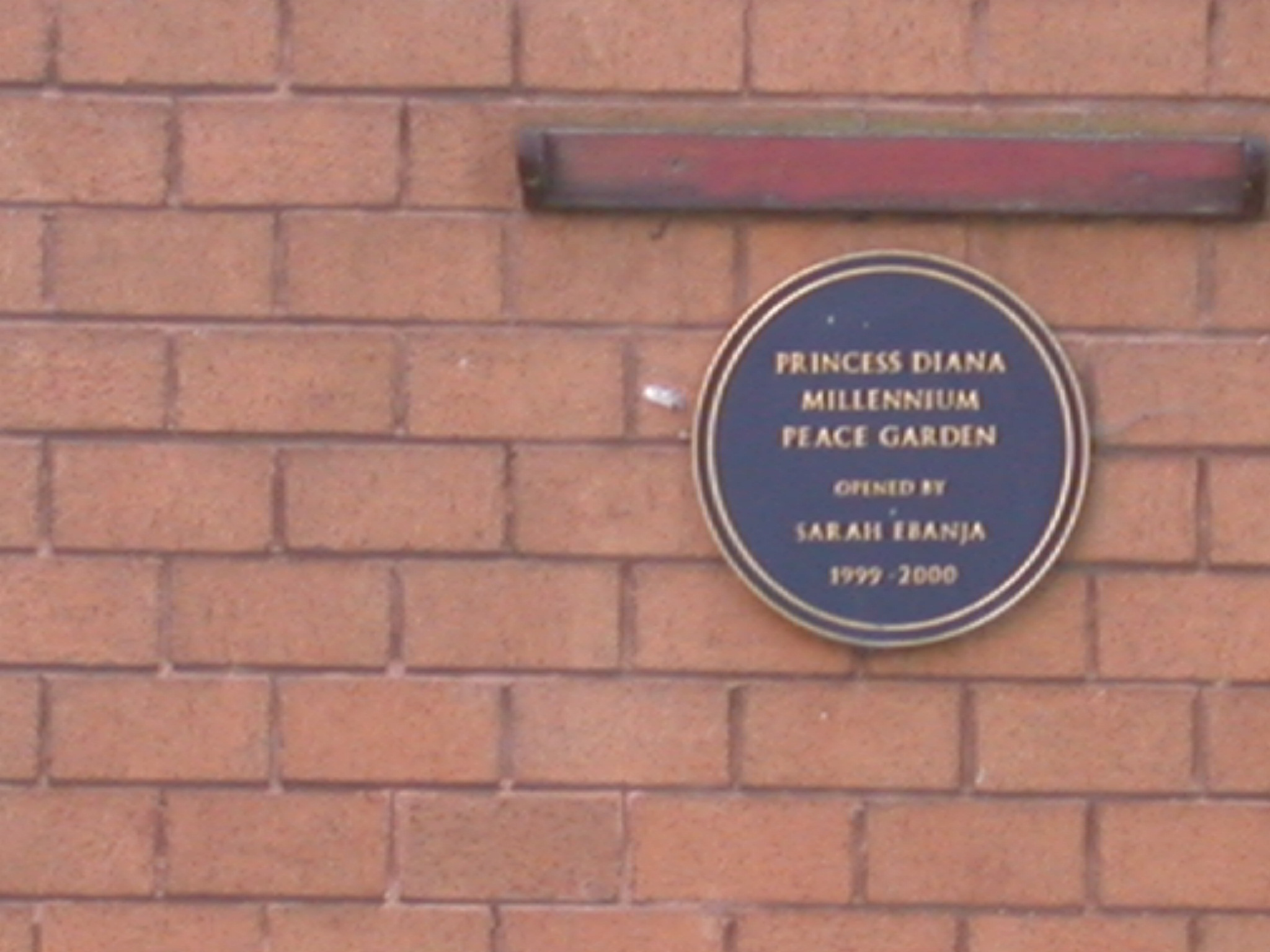 Diana blue plaque - Princess Diana Millennium Peace Garden opened by Sarah Ebanja 1999-2000