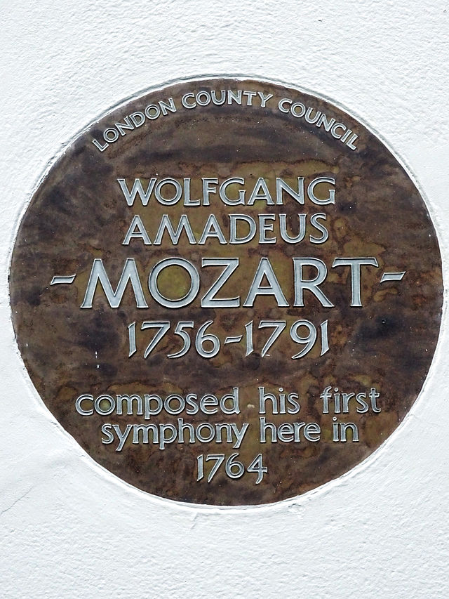 Wolfgang Amadeus Mozart  brown plaque - Wolfgang Amadeus Mozart 1756-1791 composed his first symphony here in 1764