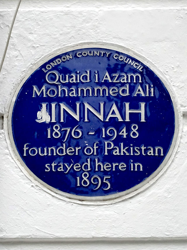 Mohammed Ali Jinnah blue plaque - Quaid i Azam  Mohammed Ali  Jinnah  1876-1948  founder of Pakistan  stayed here in  1895