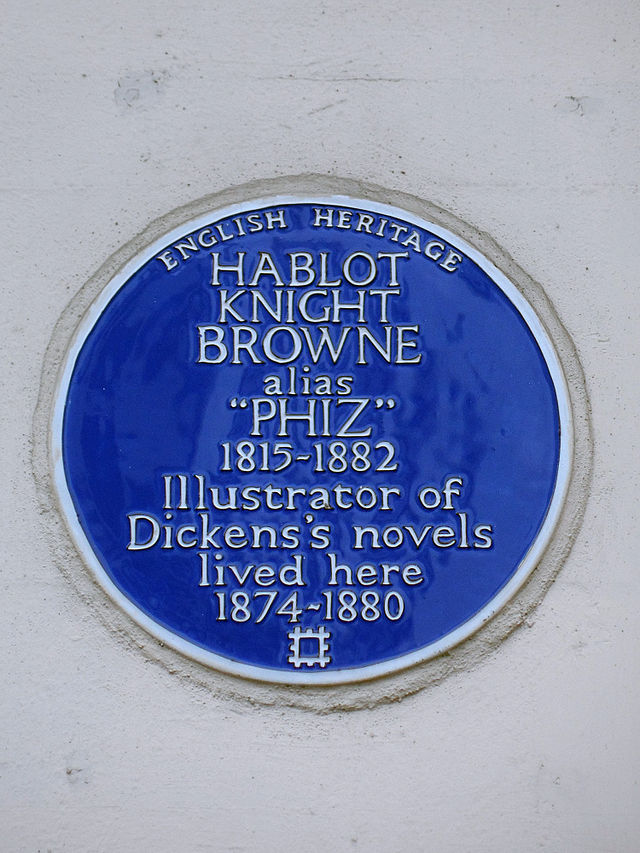 Hablot Knight Browne blue plaque - Hablot Knight Browne alias 'Phiz' 1815-1882 illustrator of Dickens's novels lived here 1874-1880