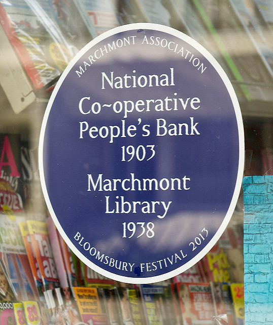 National Co-operative People's Bank blue plaque - National Co-operative People's Bank 1903 Marchmont Library 1938 