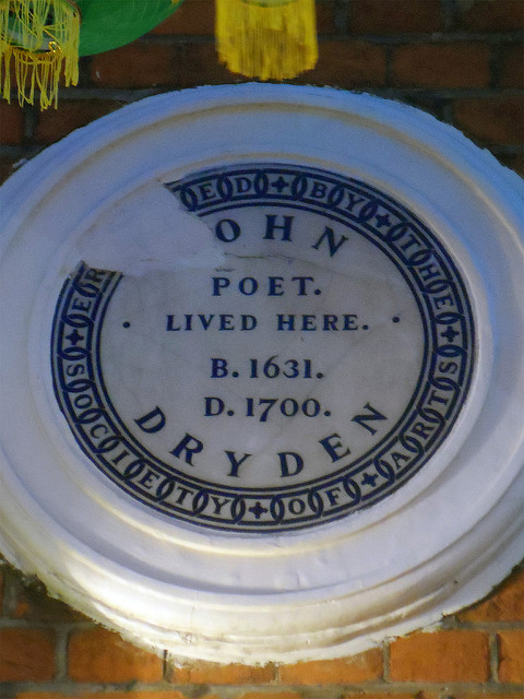 John Dryden white plaque - John Dryden poet lived here B.1631 D.1700